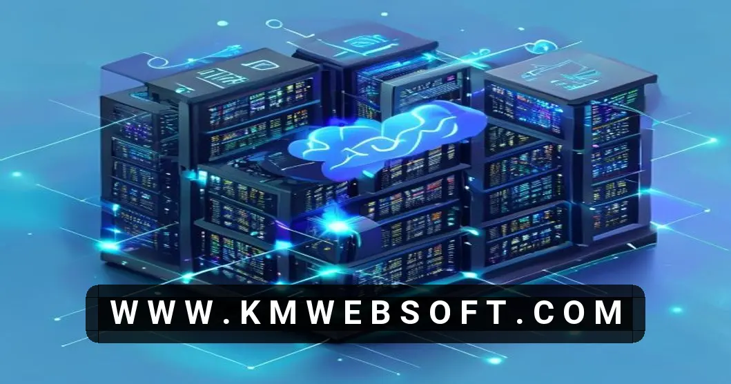 An isometric view of a data center rack with glowing Linux virtual server containers linked by bright data streams from an AI brain symbol, showing optimization gears and cloud elements, rendered in cool blue‑cyan tones with neon highlights, devoid of any text or labels.
