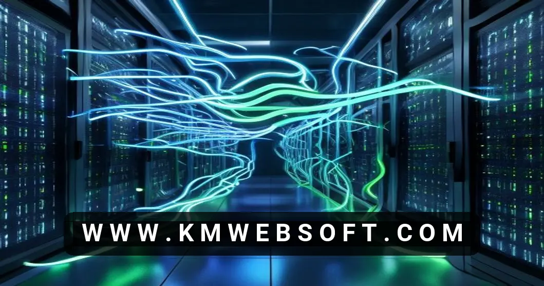 Photorealistic 4K image of an ultra‑modern data center with rows of black server racks illuminated by glowing blue and green fiber‑optic cables that form an abstract brain shape overhead, symbolizing AI. Floating green containers represent Linux VPS virtualization, while a translucent elastic arrow shows scalability between server clusters. The scene conveys a futuristic, high‑tech professional environment with cool blue lighting and no text or watermark.