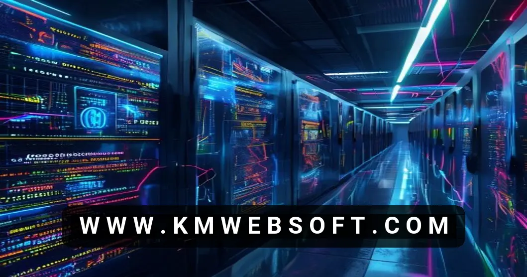 A high‑resolution illustration of a modern data center with glowing server racks, a holographic real‑time analytics dashboard, and pulsing cables, depicting AI model deployment on dedicated servers.