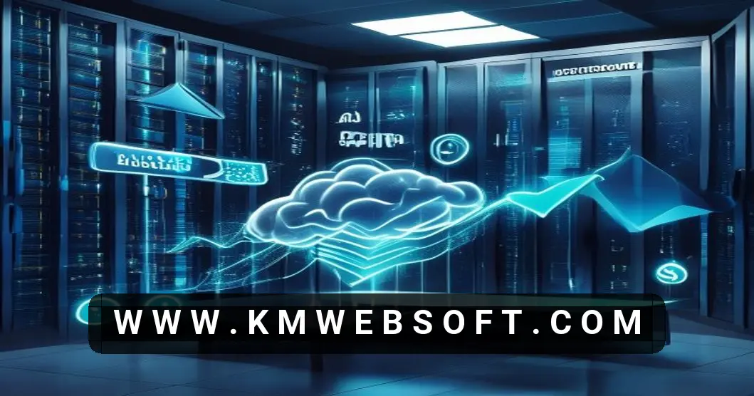 Illustration of a modern data center with glowing server racks, a holographic neural network diagram, and icons depicting scalable business growth, cost savings, and security for AI model hosting on dedicated servers.