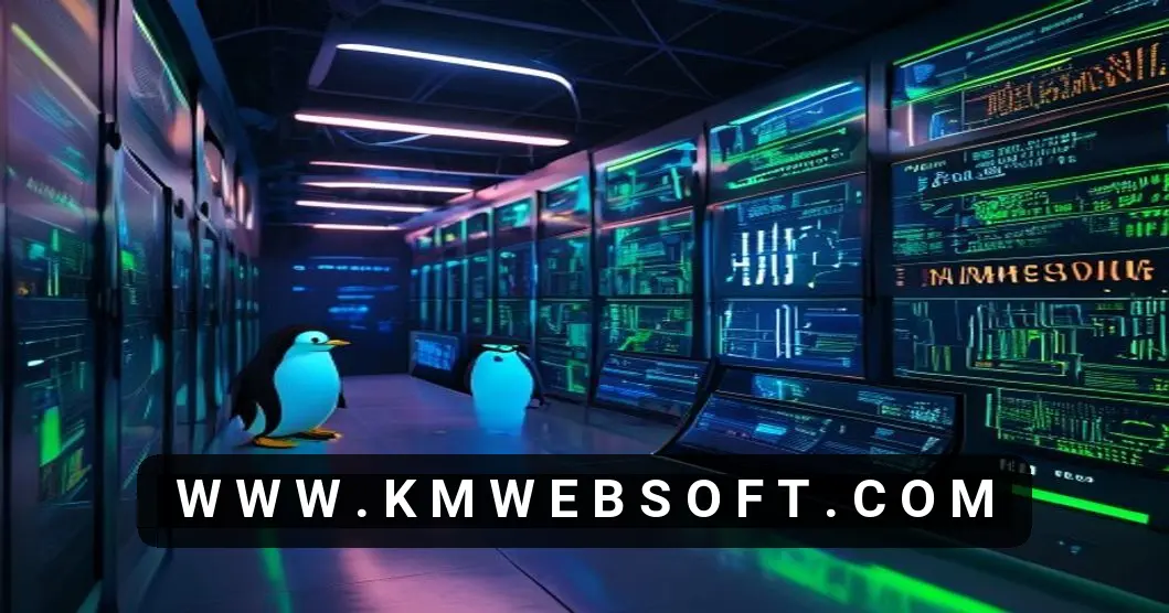 A cyberpunk data center scene featuring glowing Linux servers, a GPU rack with neural network overlay, holographic charts, and a penguin mascot beside a laptop, depicting the use of Linux VPS for AI and data science.