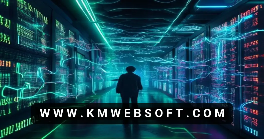 High-tech server room with Linux VPS racks, neon holographic AI models and performance graphs depicting scalable AI solutions and cloud infrastructure